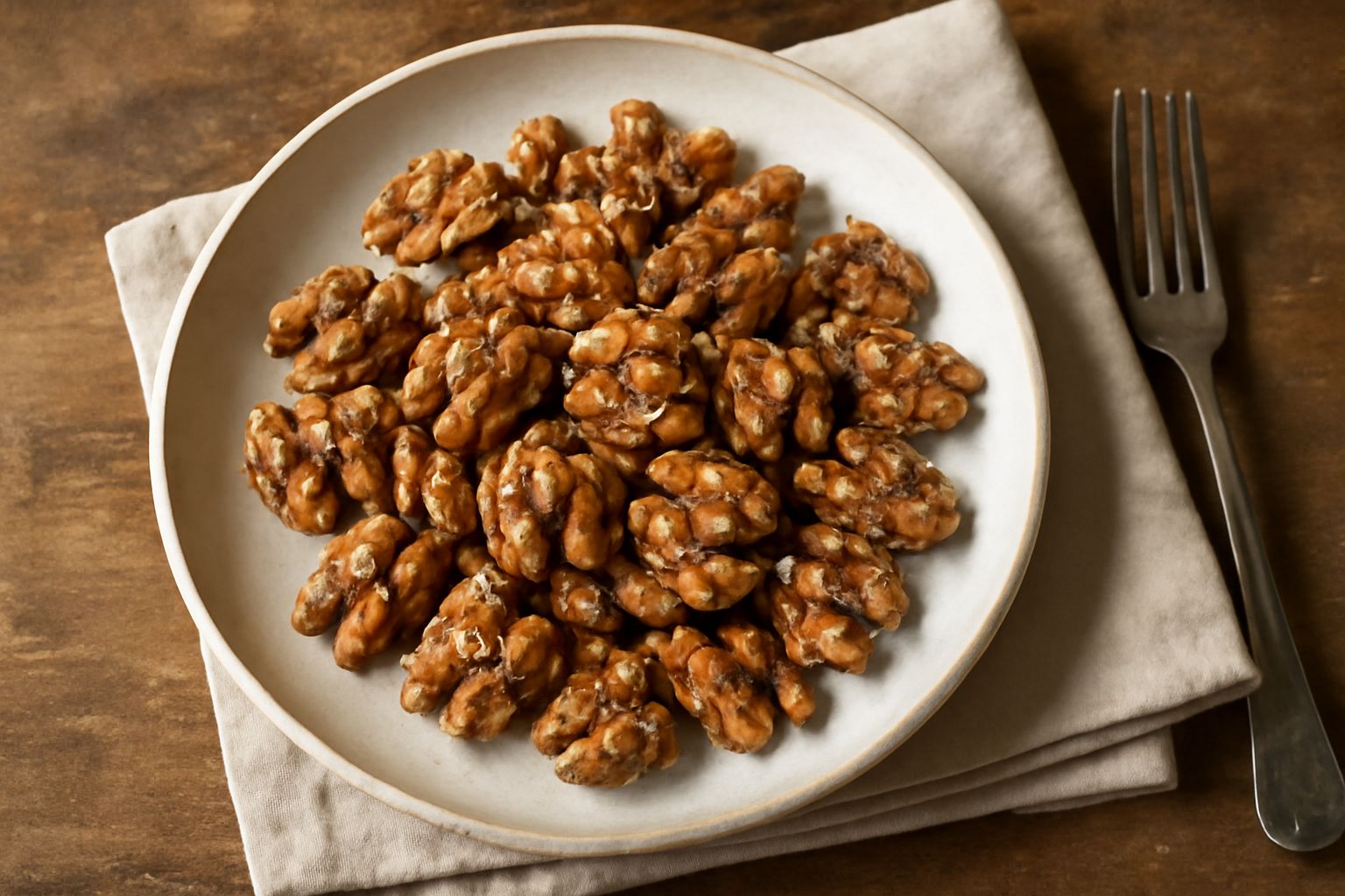 Noci tostate salate in un piattino bianco, con granuli di sale grosso visibili sulla superficie, sfondo di legno naturale