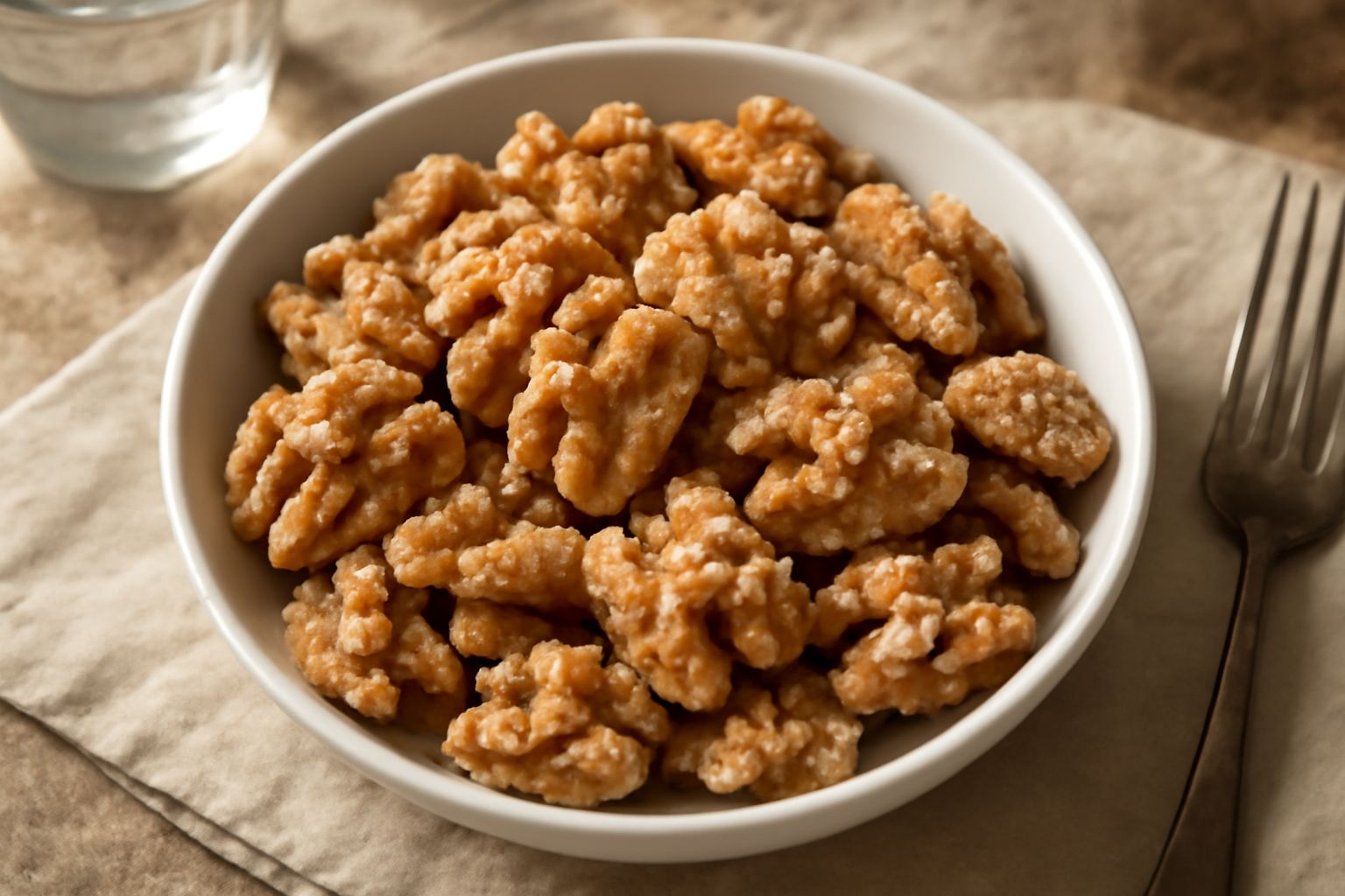 Noci tostate dorate e salate in una ciotola bianca di ceramica, con alcuni grani di sale grosso visibili sulla superficie, contorno di tela bianca