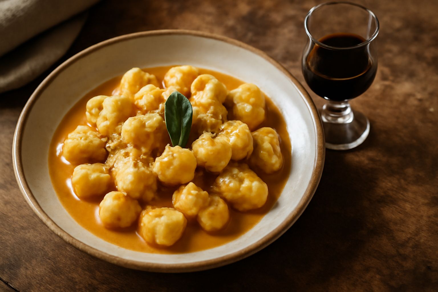 Bottiglia di nocino scuro brunastro contro luce, con noci verdi tagliate a metà accanto, su un tavolo di legno con foglie d'autunno sfocate sullo sfondo
