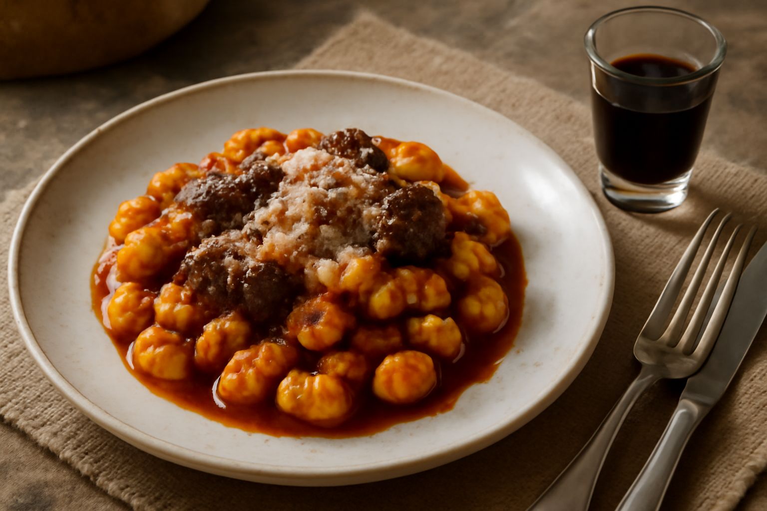 Bicchiere di cristallo con nocino laziale di colore marrone scuro, accanto a due noci intere e un rametto di noce, su sfondo di legno naturale