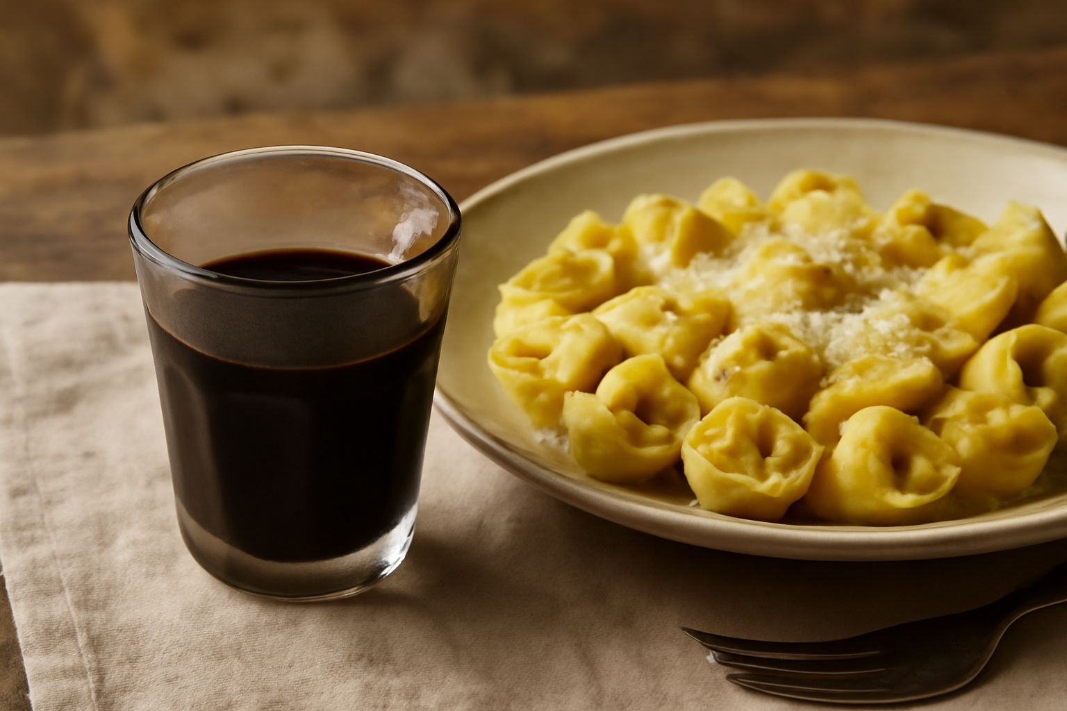 Nocino mantovano in bottiglia di vetro scuro, liquore marrone scuro e denso, con sfondo di noci intere e foglie di noce su tavolo in legno