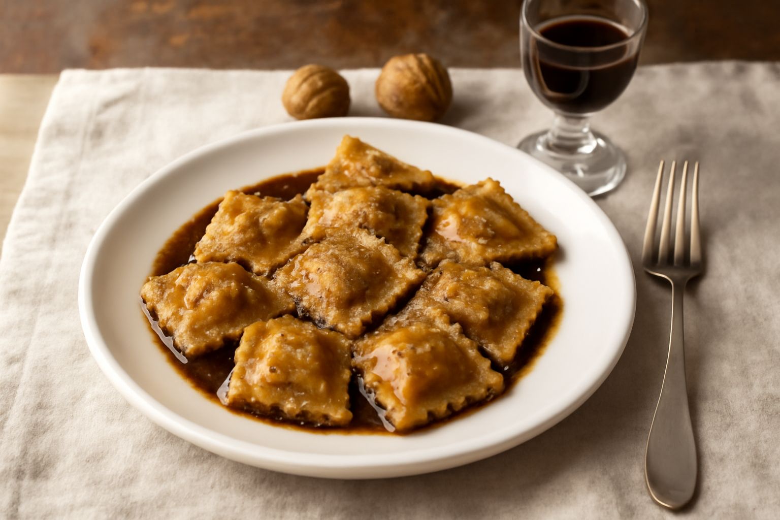 Bottiglia di vetro scuro con nocino marchigiano color marrone scuro e opaco, circondata da noci intere verdi e steli di noce, su sfondo di legno naturale