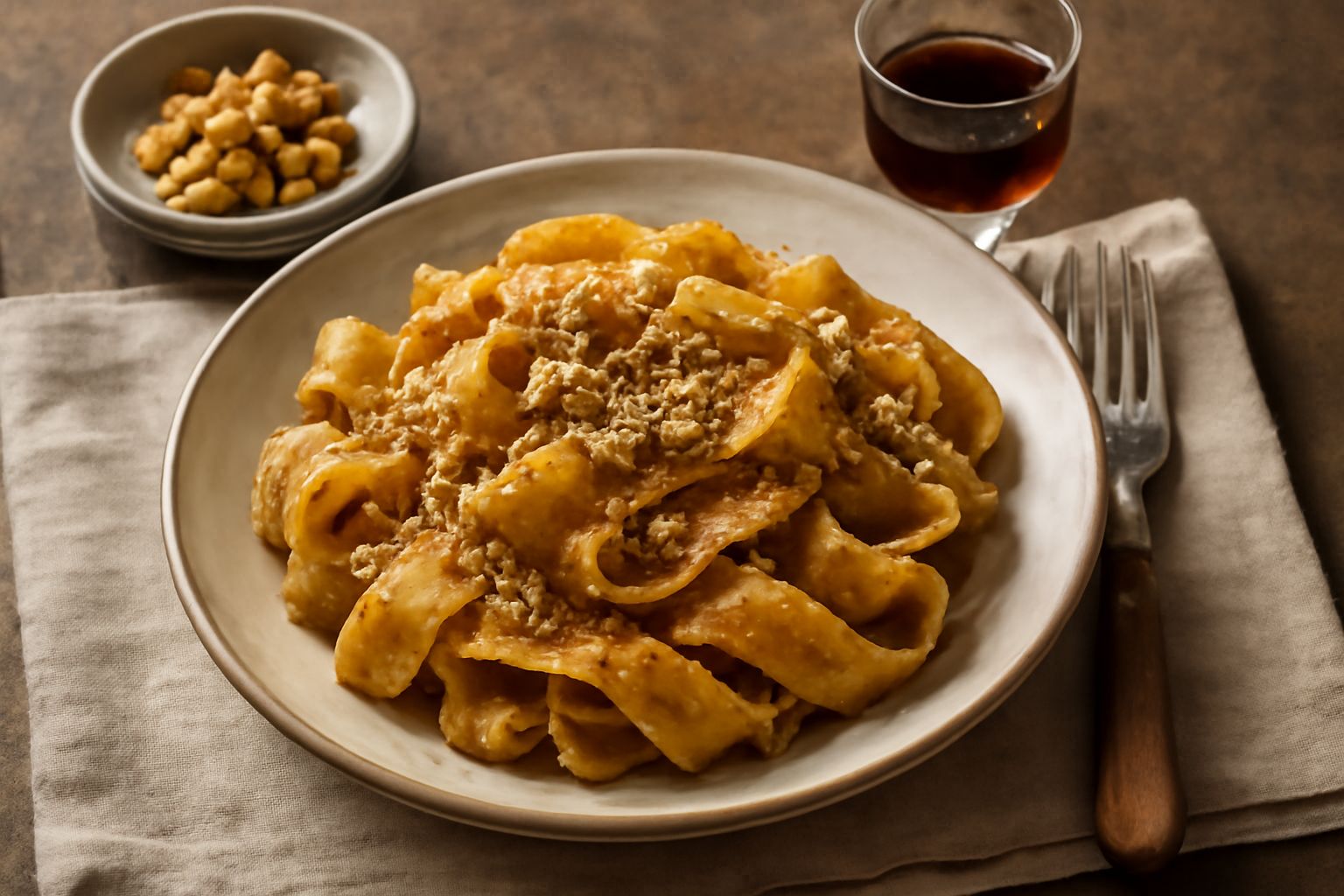 Bottiglie di nocino pavese con liquore ambrato trasparente, circondate da noci intere e foglie di noce fresche, su un tavolo di legno in luce naturale