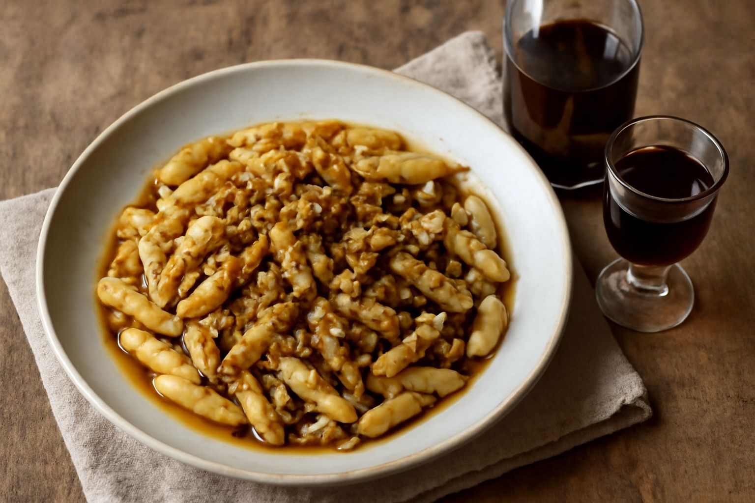Bottiglia di vetro scuro contenente nocino siciliano di colore ambra scuro, con noci acerbe intere visibili sul fondo, servito in bicchierino trasparente su tavolo di legno