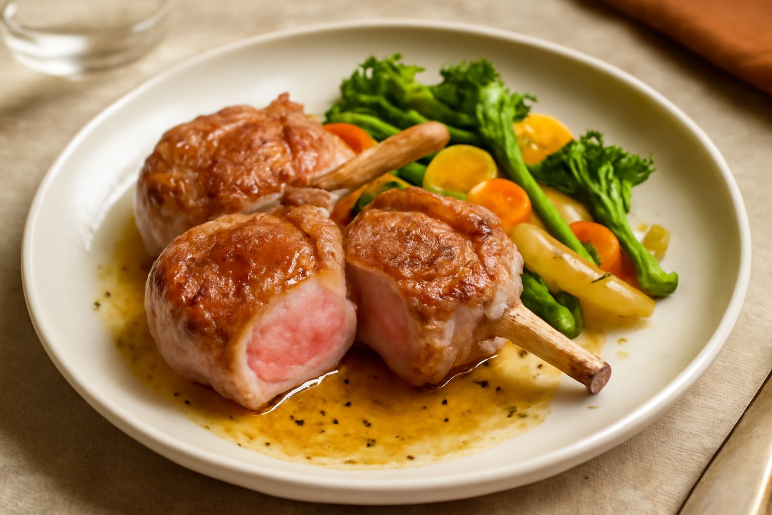 Nodini d'agnello rosati in padella con rosmarino fresco, aglio e olio d'oliva, fiamma bassa, costolette intere e ben definite su fondo scuro
