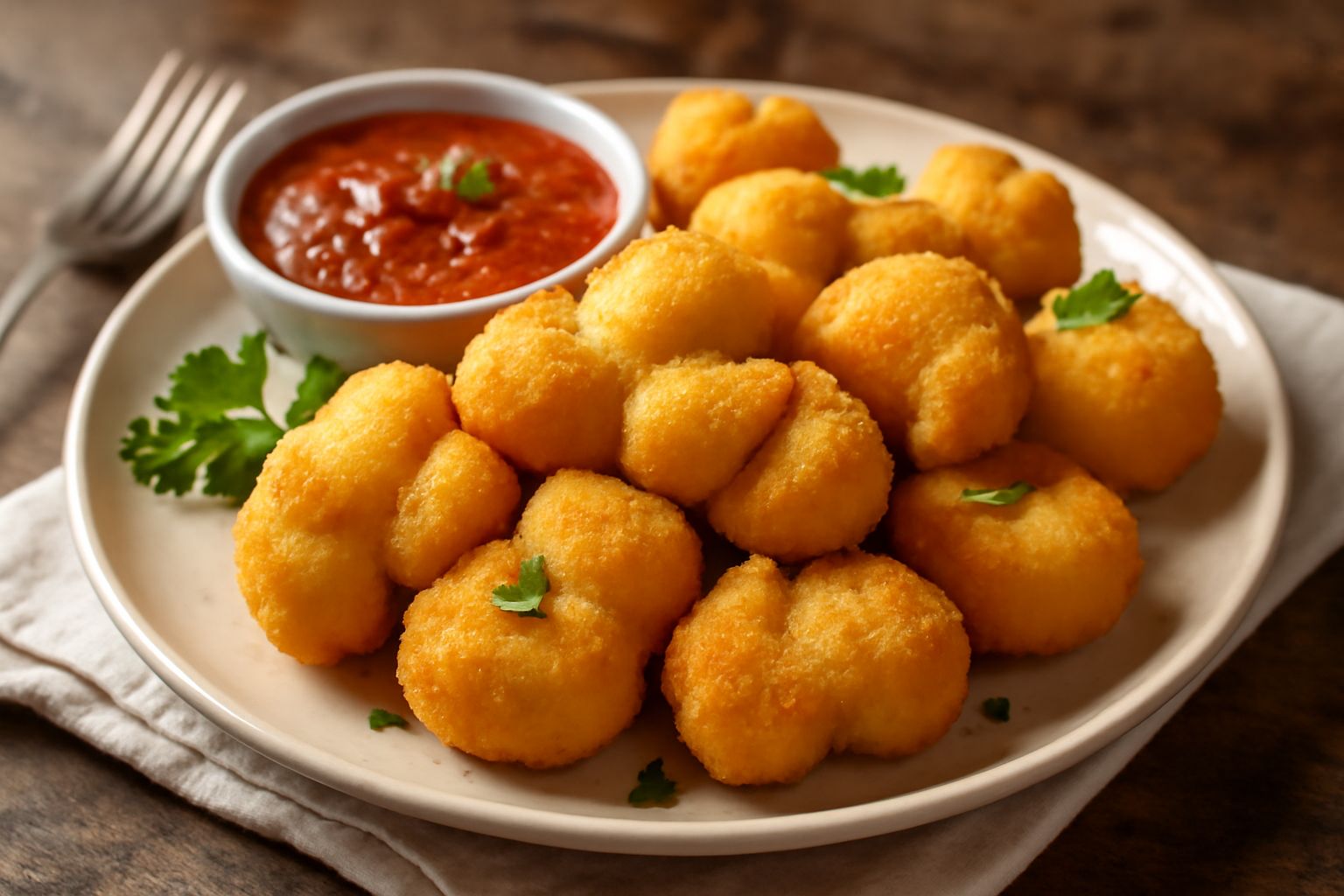 Nodini di mozzarella fritti su un piatto bianco, dorati e croccanti, con uno spicchio che mostra il formaggio filante all'interno