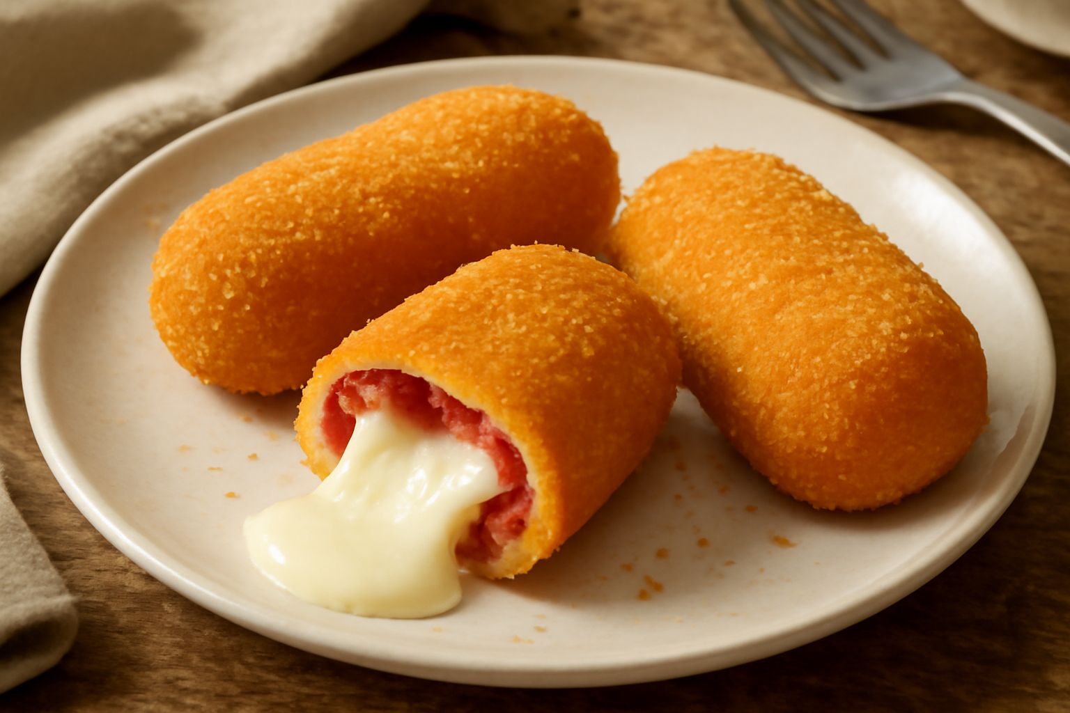 Tre nodini di scamorza dorati e croccanti su un piatto bianco, tagliati a metà per mostrare il formaggio filante e il prosciutto rosso dentro, con una piccola porzione di salsa rossa a lato