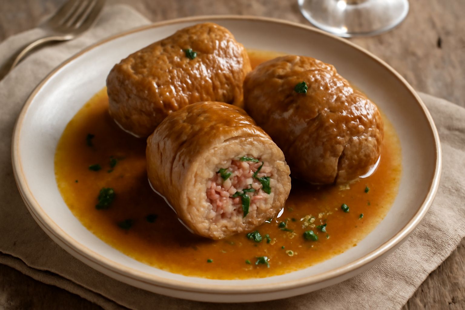 Nodini di vitello dorati in un piatto bianco, farciti con pancetta e prezzemolo, conditi con salsa di pomodoro e vino rosso, contornati da verdure softolate