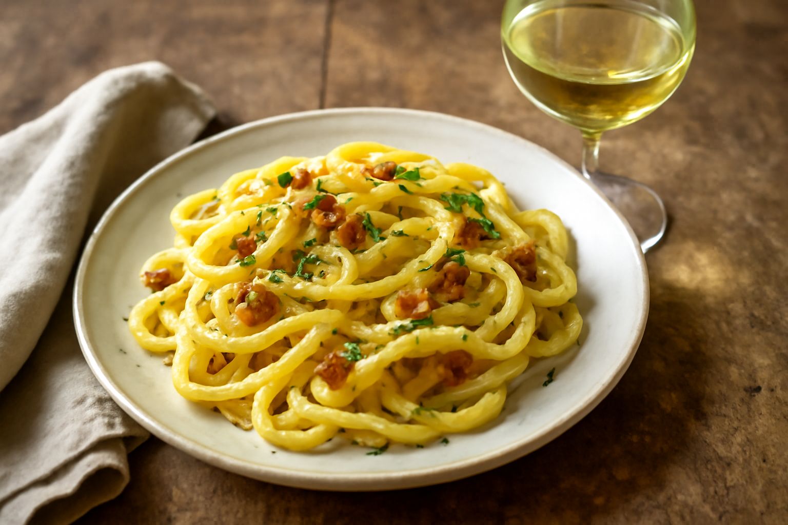 Bicchiere di vino bianco Nosiola trasparente e luminoso, colore giallo paglierino brillante, posato su tavolo di legno scuro con grappolo d'uva verde sfocato sullo sfondo