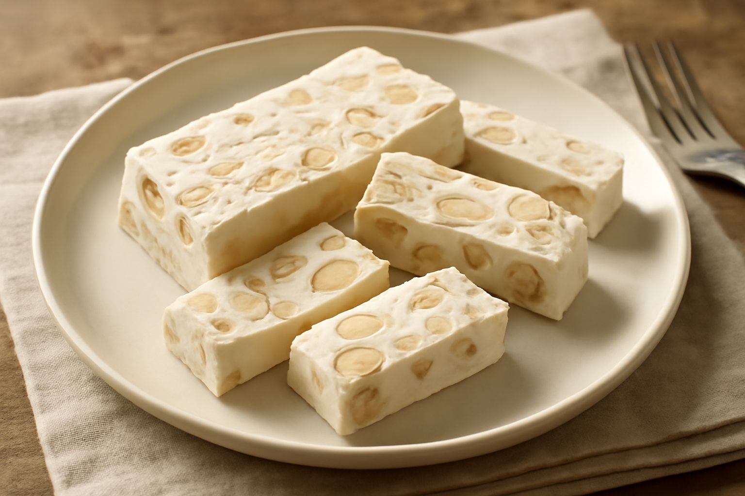 Torrone bianco tagliato a barre quadrate su carta di riso, sfondo bianco, superficie liscia e lucida con mandorle visibili dentro, spolverato leggero di zucchero a velo