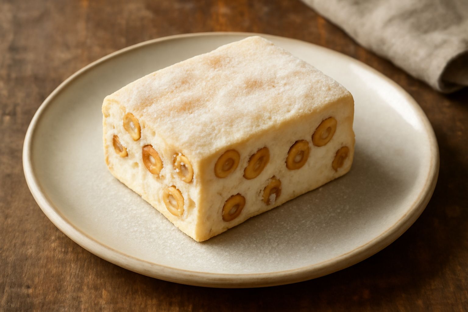 Nougat molisano affettato mostrando la struttura aerea e i pezzi di nocciola, disposto su un piatto bianco con superficie liscia color avorio e sfumature dorate