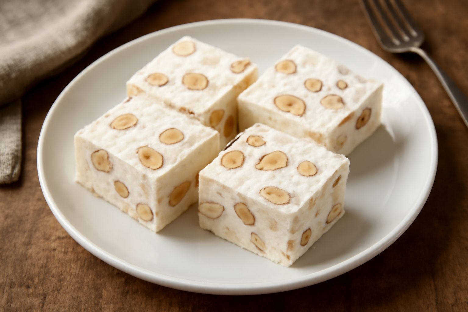 Nougat sardo tagliato in quadrati chiari e compatti, con pezzetti di mandorla visibile sulla superficie, posato su carta pergamena bianca con sfondo di miele dorato in un vasetto di vetro