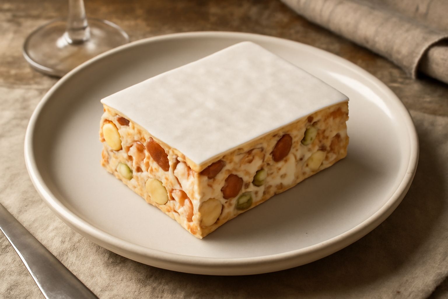 Nougat siciliano tagliato in rettangoli di colore beige e marrone, con mandorle visibili in superficie, ricoperto di ostia bianca, su carta da forno