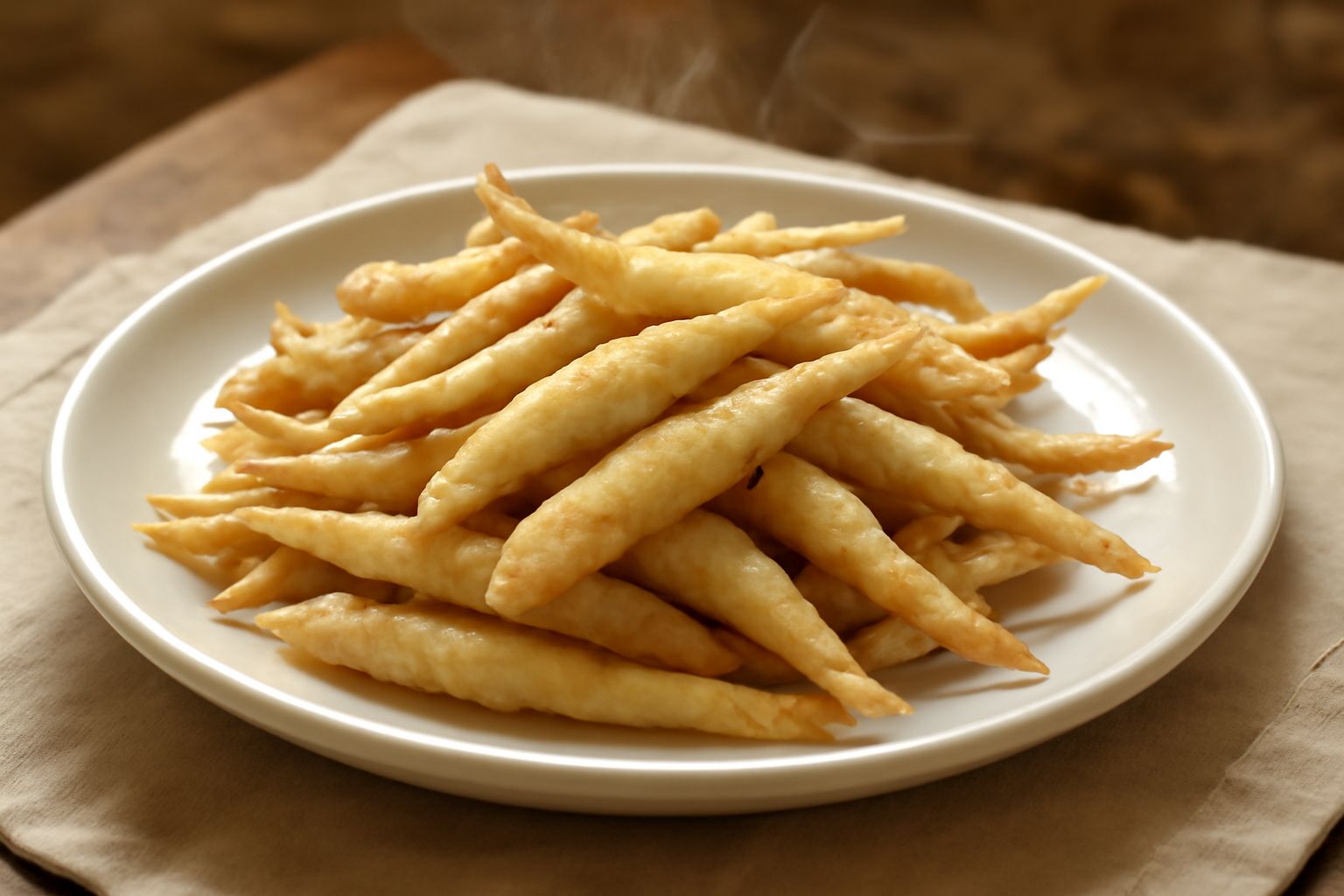 Novellame fritto dorato su piatto bianco, ancora fumante, con limone affettato e una ciotola di sale marino a lato, fondo sfocato di cucina