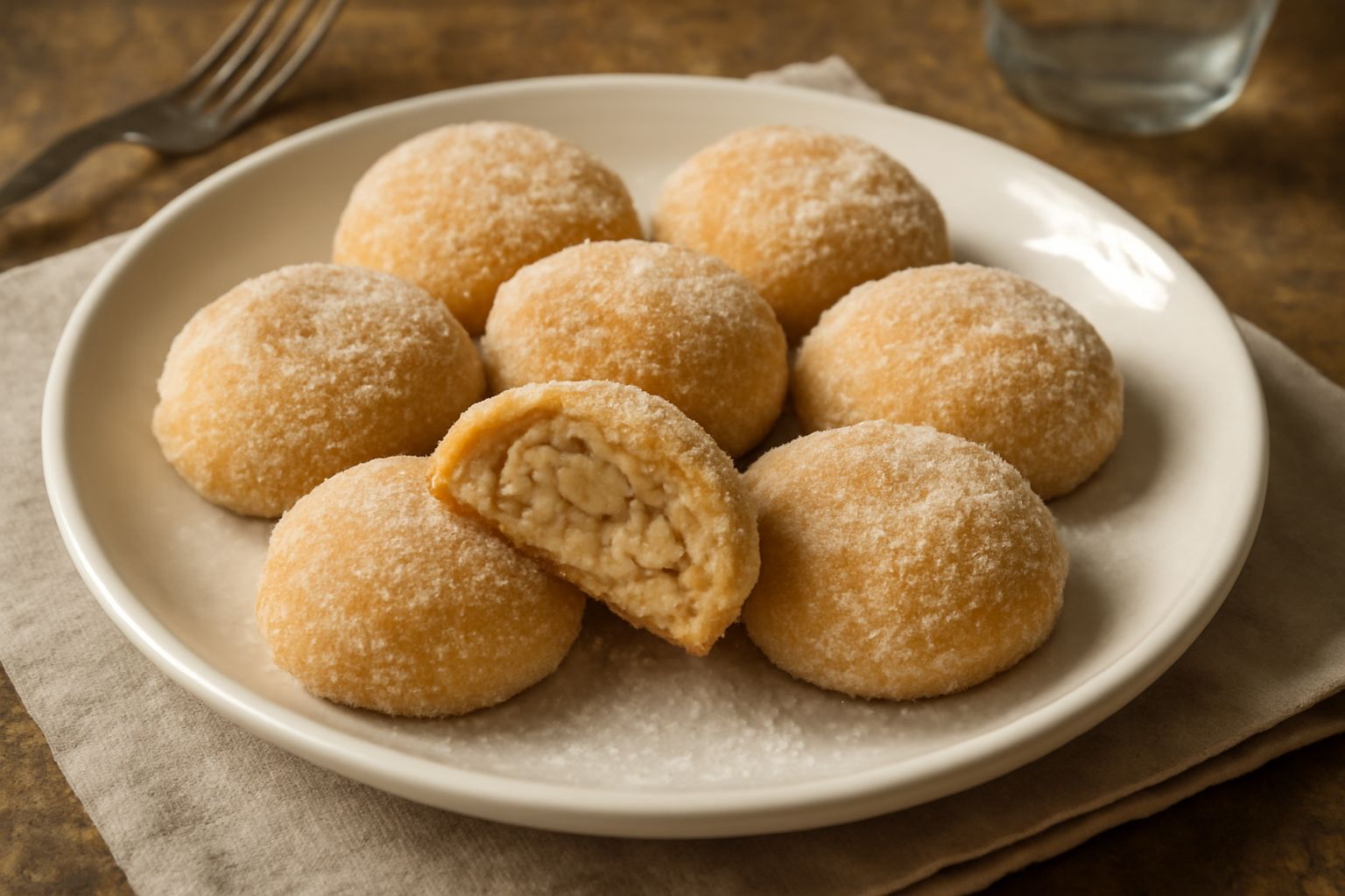 Nucatoli dorati e croccanti disposti su un piatto bianco, ricoperti di zucchero semolato, con mandorle intere sparse accanto e una tazza di caffè sfocata sullo sfondo