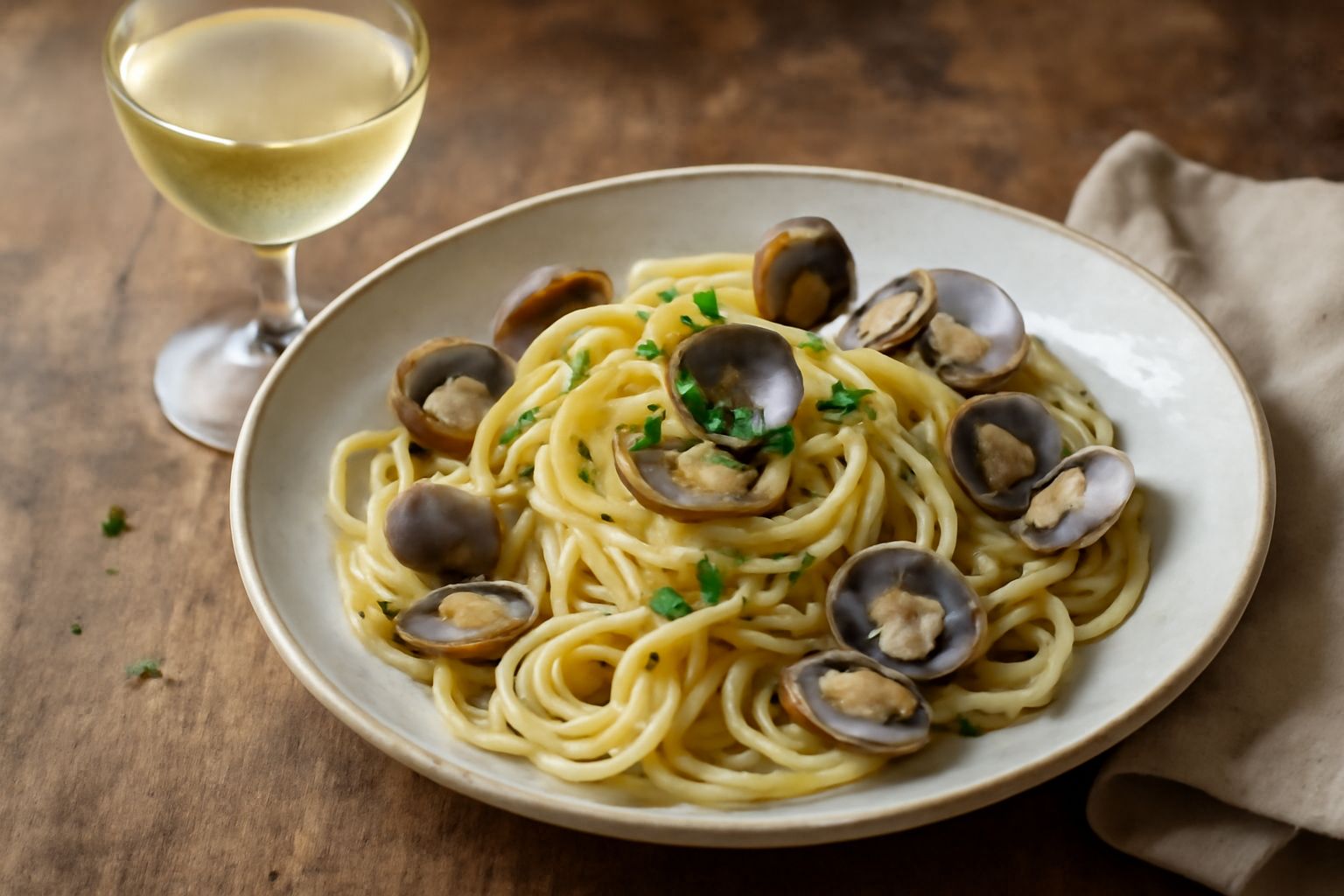 Bicchiere di vino bianco Nuragus dal colore giallo paglierino, servito freddo con gocce di condensazione, accompagnato da una bottiglia e un piatto di alici fresche e limone