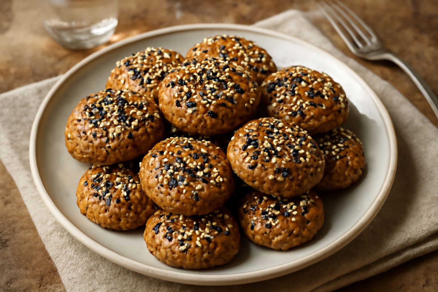 Una decina di biscotti 'nzuddi dorati e croccanti ricoperto di sesamo bianco e nero, disposti su un piatto bianco con una tazza di tè sfocata sullo sfondo