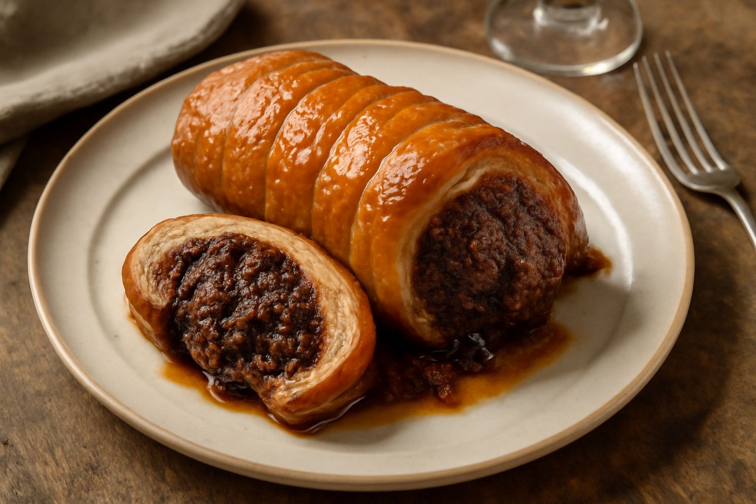 Oca in porchetta dorata e croccante, intera e disossata, su un vassoio di legno, con la pelle che brilla, circondata da rametti di rosmarino e timo fresco