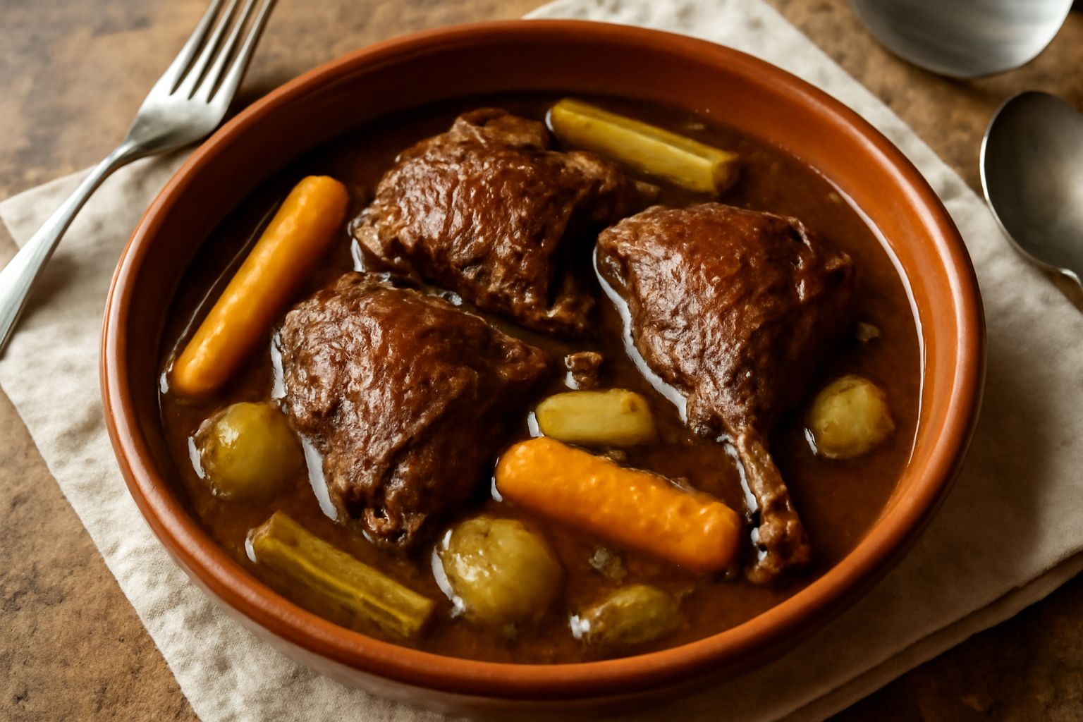 Oca in umido in una pentola di terracotta, pezzi di carne scura circondati da carota, sedano, cipolla e brodo brunastro, con erbe fresche di rosmarino sulla spalla della pentola