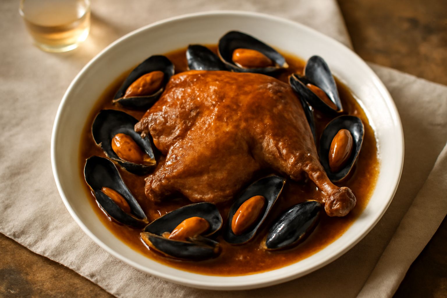 Oca stufata in salsa marrone scuro con peoci aperti sopra, guarnita con prezzemolo fresco, servita in una pentola di terracotta rustica