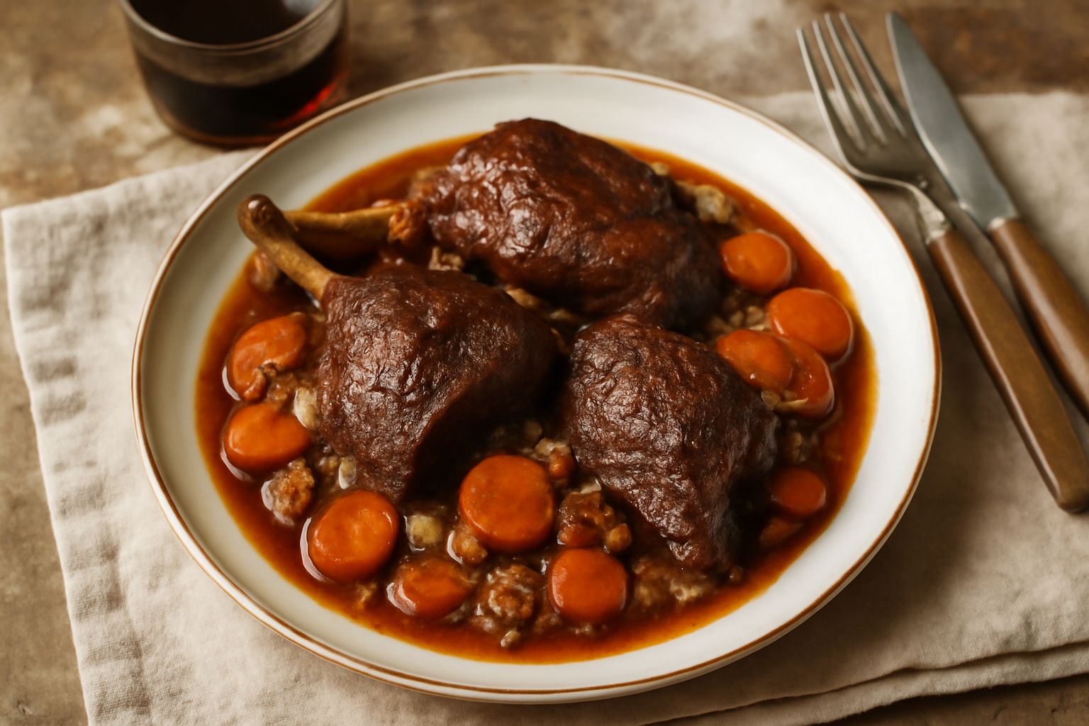 Oca selvatica in umido in pentola di terracotta con carote, cipolle e sedano, carne scura e brodosa, vapore che sale, contorno di purea di patate, piatto rustico d'inverno
