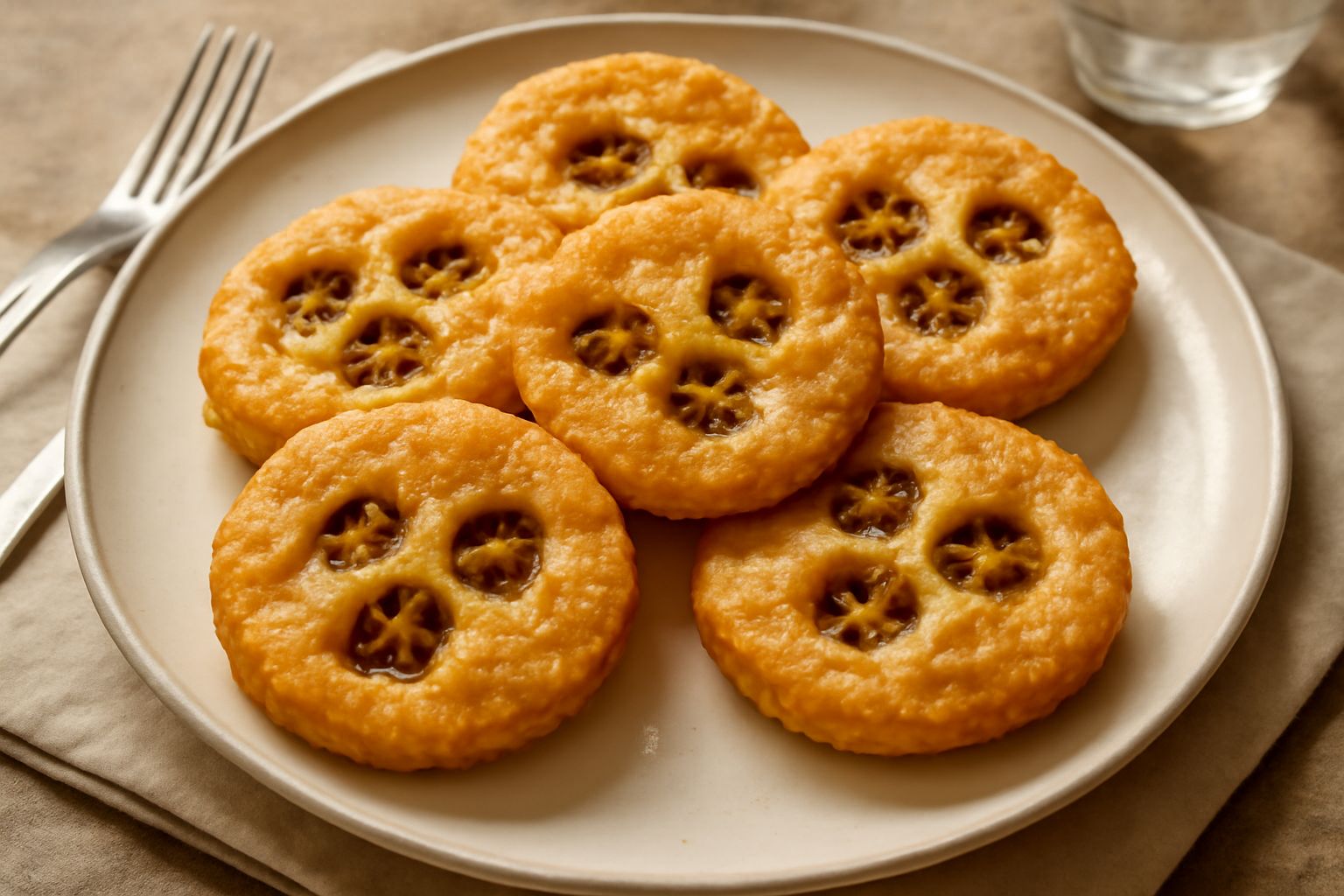 Occhi di lupo dorati e croccanti disposti su carta assorbente bianca, con il ripieno di ragù visibile nei fori caratteristici, spolverati di parmigiano grattugiato.