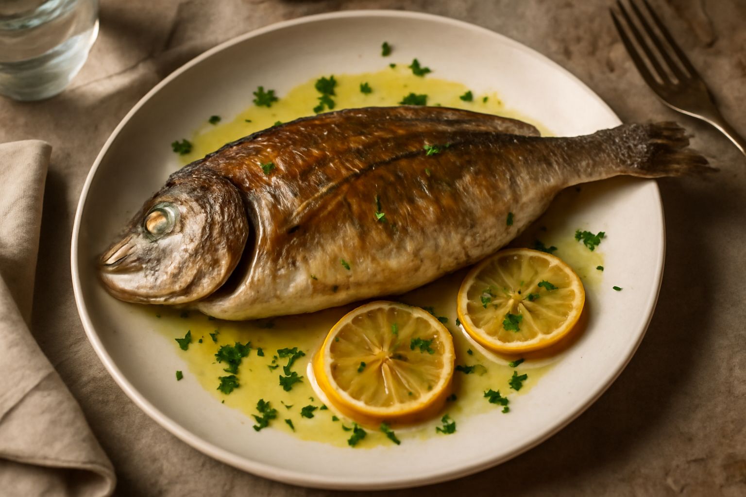 Occhiata intera cotta al forno su piatto bianco, con pelle dorata, limone fresco a fette accanto, olio extravergine, prezzemolo fresco tritato, sfondo di linoleum da cucina grigio
