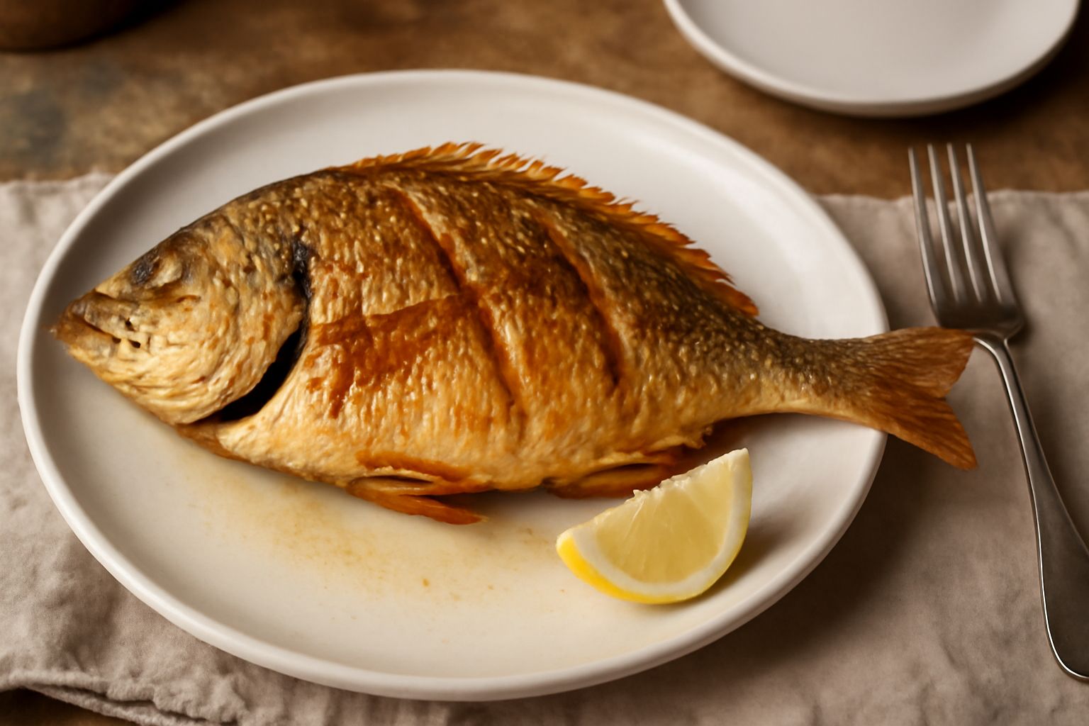 Due occhiate dorate e croccanti appena fritte, servite su un piatto bianco con fette di limone fresco, sale grosso sparso e rosmarino fresco accanto
