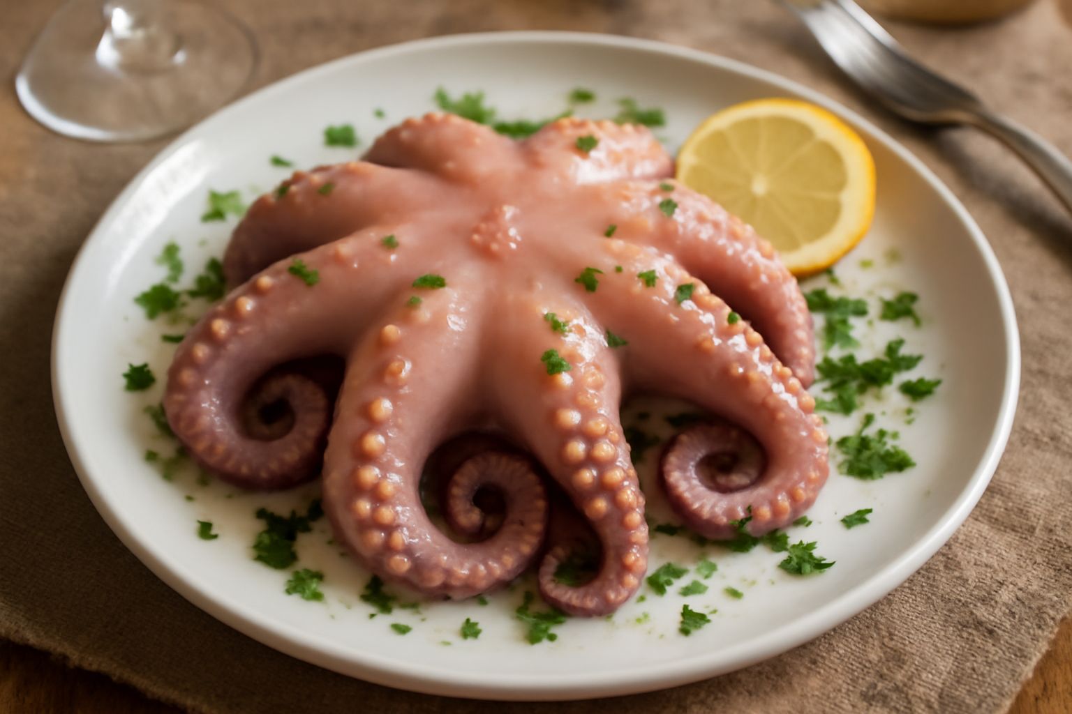 Polpo bollito intero su piatto bianco, tentacoli distesi e arricciati, colore rosa pallido, con fetta di limone giallo e prezzemolo verde fresco