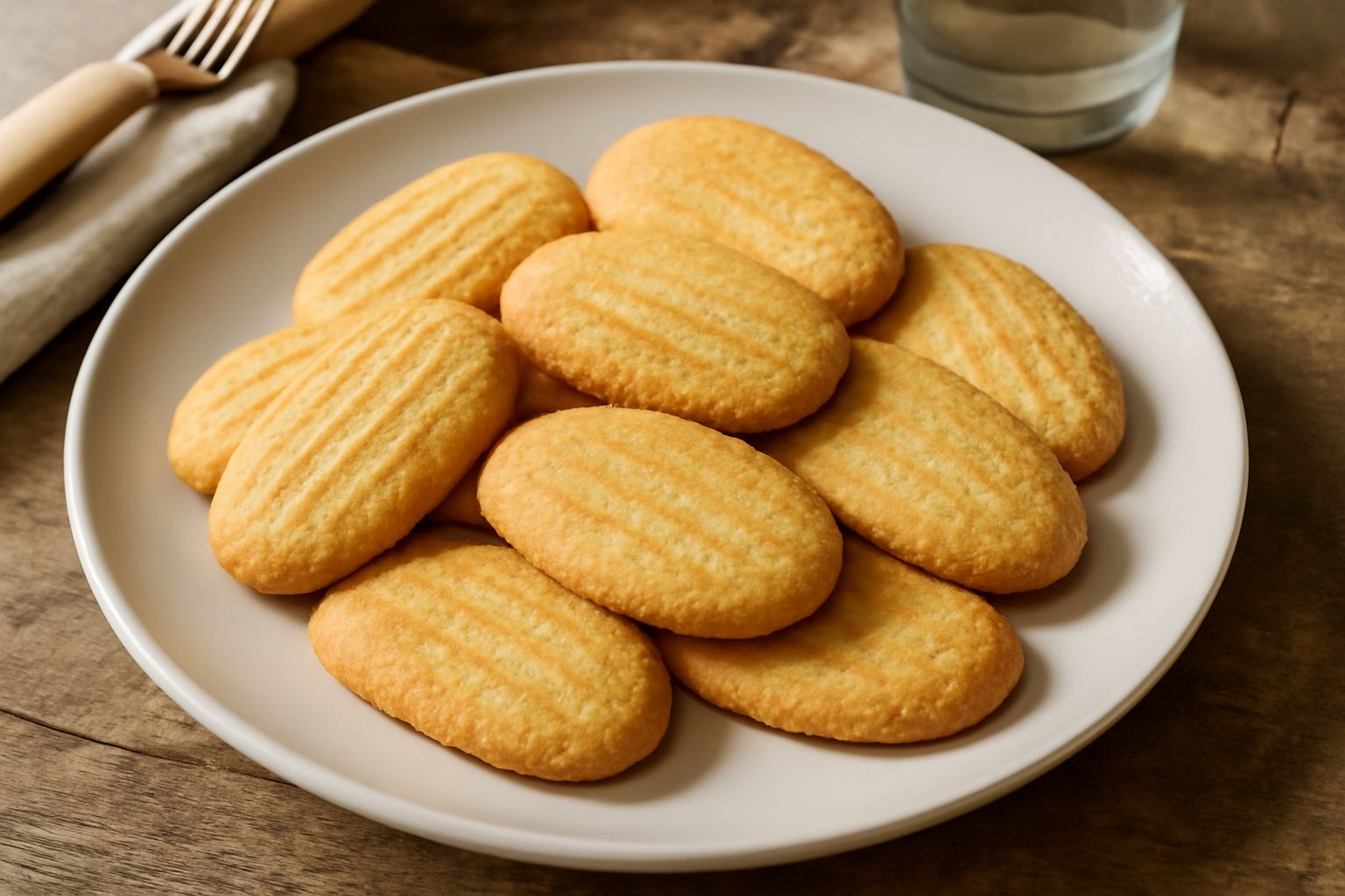Offelle dorate e croccanti impilate su un piatto bianco, con superficie rigata tipica, accanto a una tazza di caffè e pochi ingredienti sparsi