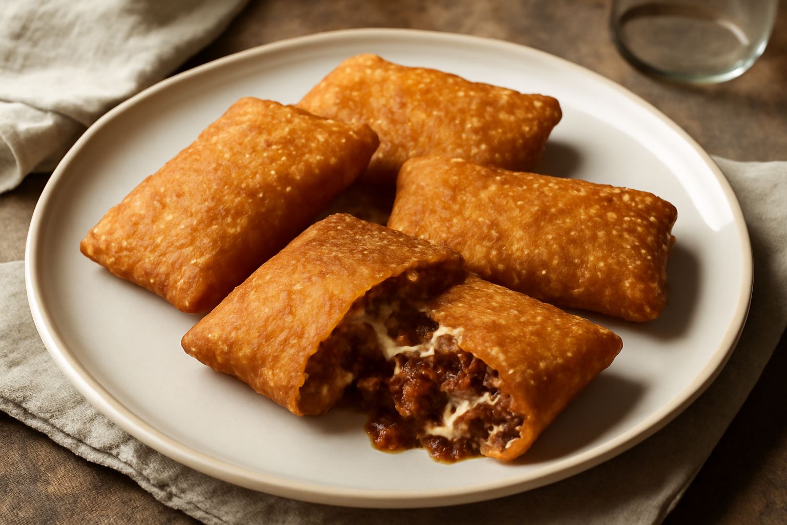 Quattro offelle di carne dorate e croccanti su un piatto bianco, tagliate in due per mostrare il ripieno di carne e formaggio filante, con residui di ragù visibili e una guarnizione di prezzemolo verd