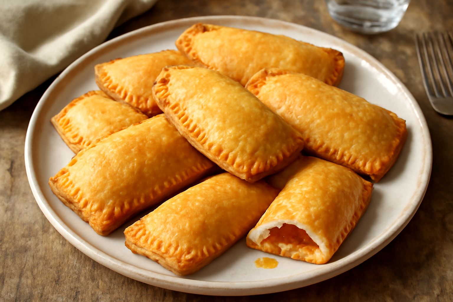 Offelle di Mondavio dorate e croccanti su un piatto bianco, con il ripieno di marmellata rosso visibile dalla lato, poste in fila con zucchero a velo sparso leggermente sulla superficie