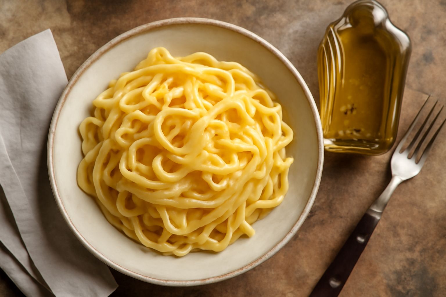 Olio d'oliva dorato in una bottiglia di vetro scuro con scaglie di tartufo nero visibili sul fondo, illuminato da luce naturale laterale