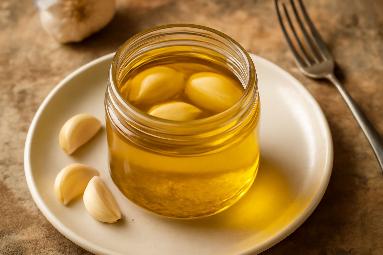 Olio dorato con spicchi di aglio e buccia trasparente all'interno di una bottiglia di vetro, con aglio fresco e rami di rosmarino accanto