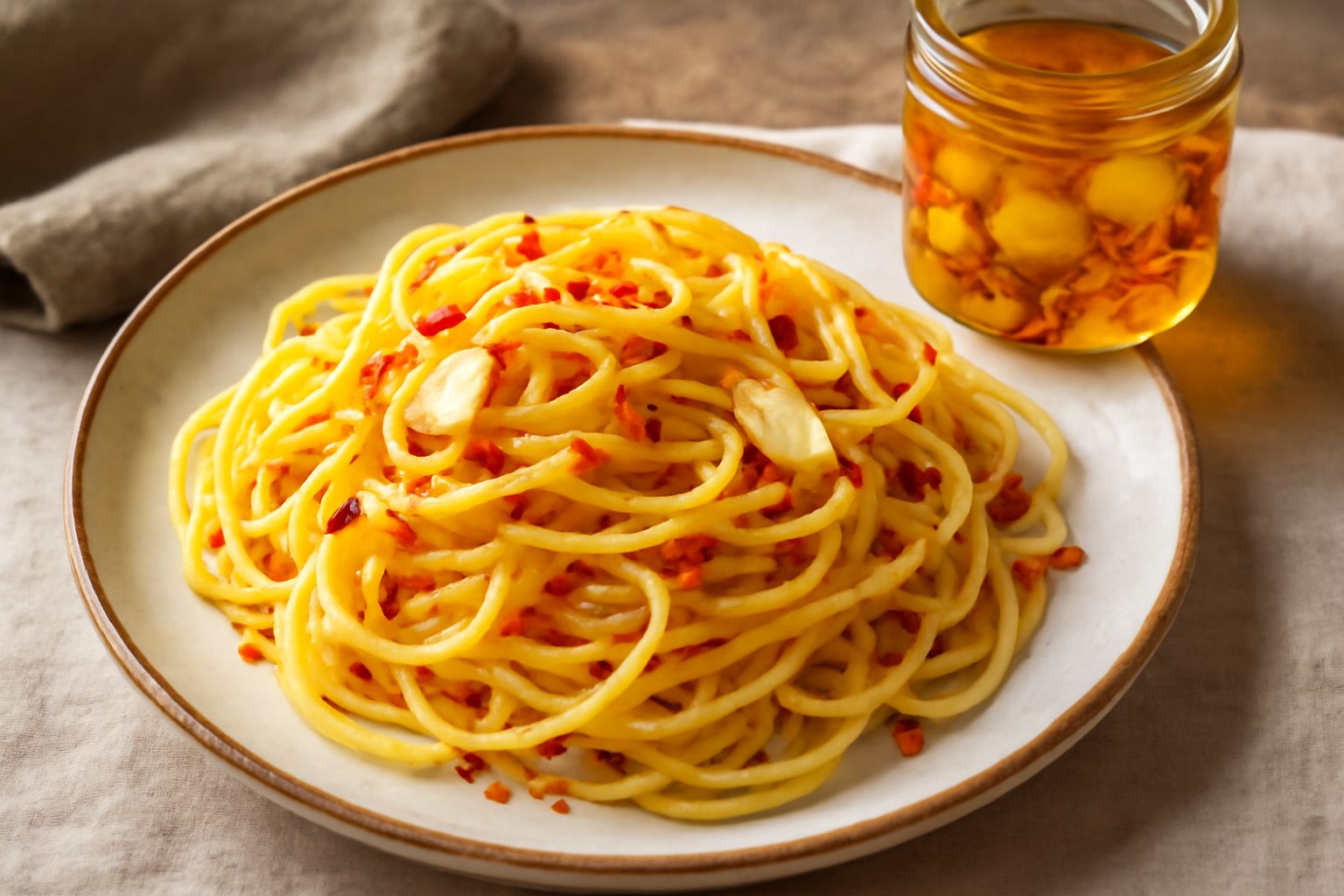 Bottiglia di vetro con olio trasparente, spicchi d'aglio tondo e peperoncini rossi tagliati, su fondo bianco neutro con gocce d'olio visibili