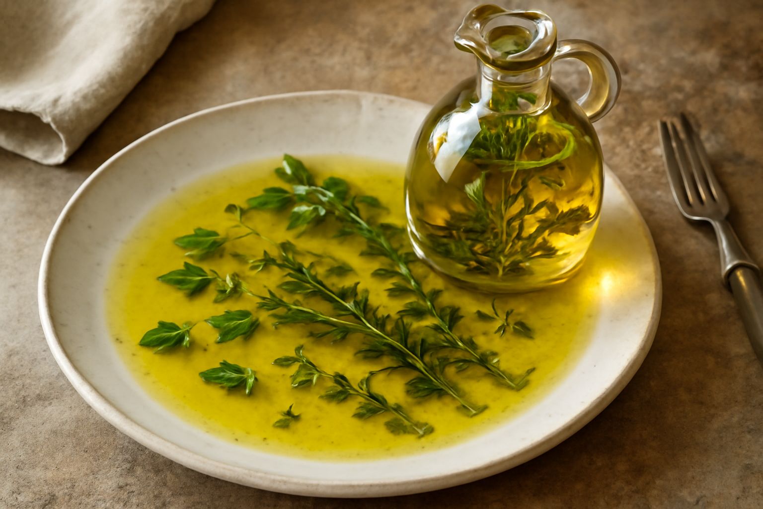 Bottiglia di vetro trasparente con olio dorato contenente rametti di rosmarino, timo e basilico fresco verde, posata su un tavolo di legno naturale con foglie sparse intorno
