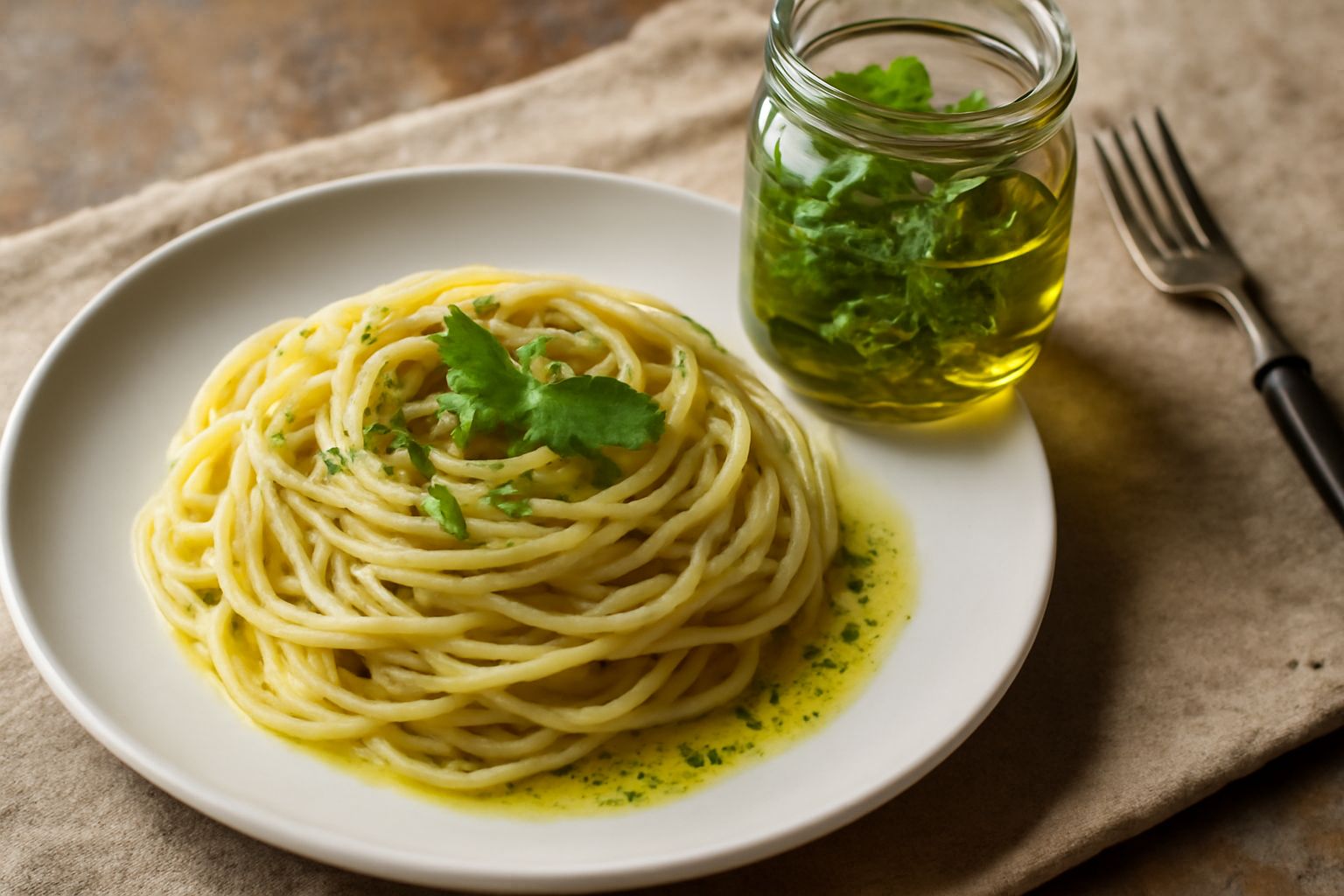 Un barattolo di vetro trasparente contenente olio giallognolo con rametti di basilico, rosmarino e timo verdi all'interno, in controluce su un tavolo bianco con accanto un piatto con focaccia e foglie