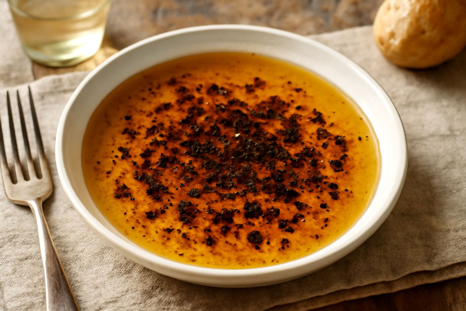 Olio color ambra con granuli neri di tartufo sospesi, in bottiglia di vetro trasparente su fondo bianco, con foglie di tartufo accanto