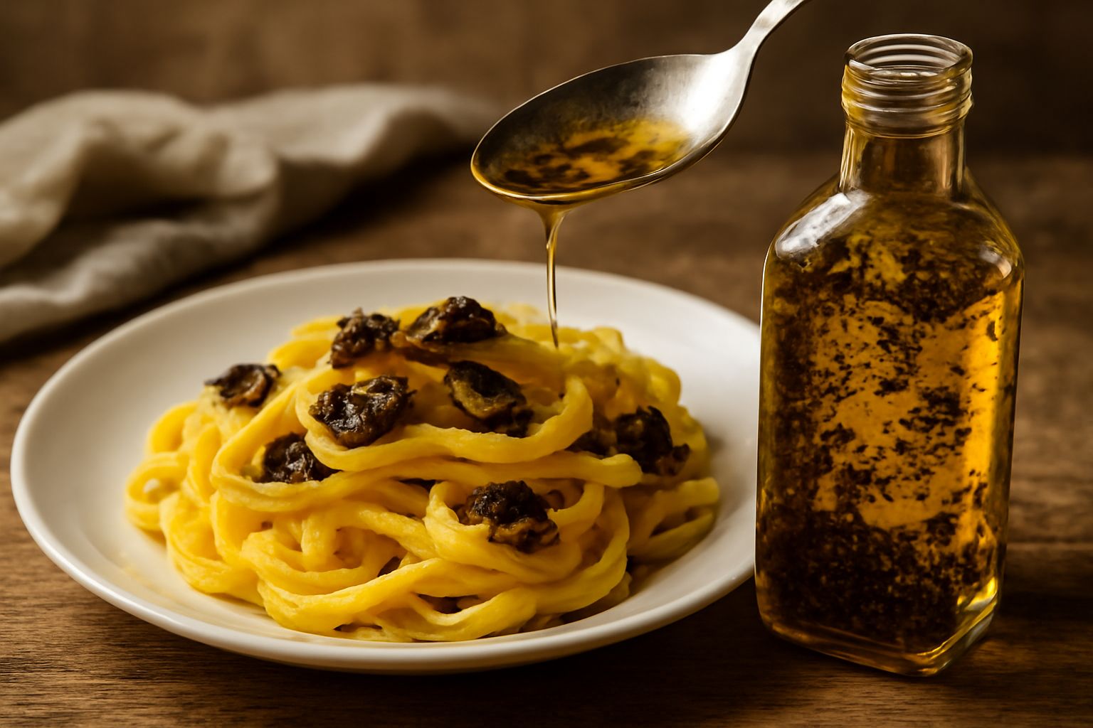 Bottiglia di vetro chiaro con olio extra vergine dorato e frammenti visibili di tartufo nero, su fondo di lino bianco con foglia di salvia fresca accanto