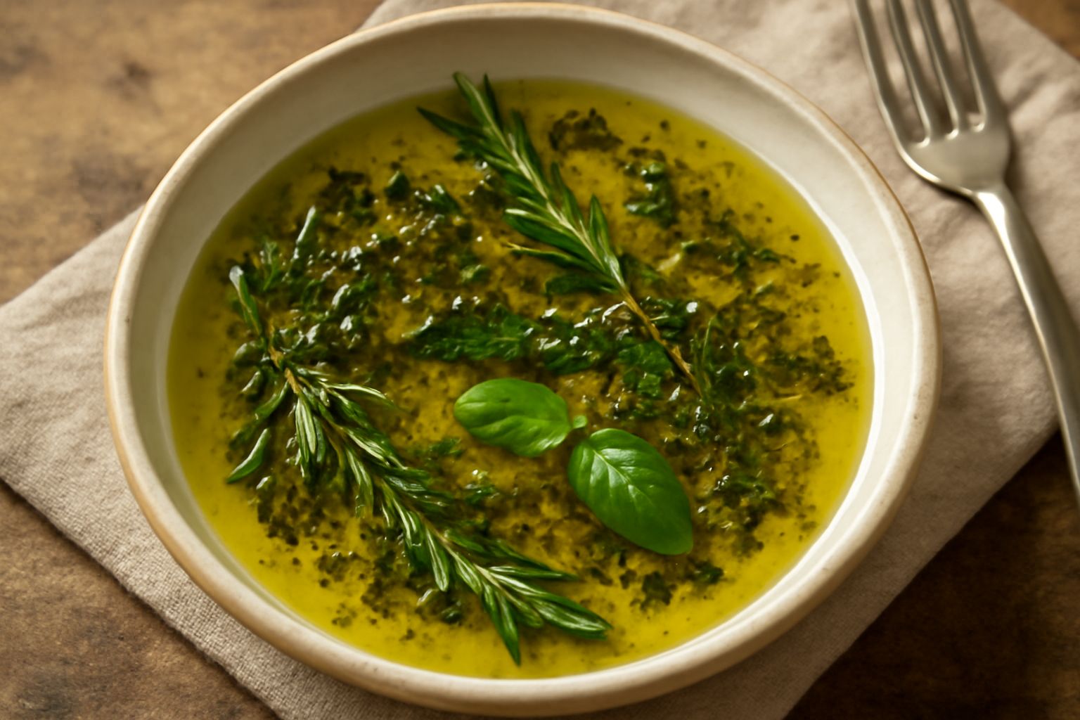 Bottiglia trasparente riempita per metà di olio giallo-verde con rametti di rosmarino, timo e basilico fresco visibili nell'olio, posta su un tavolo di legno chiaro con foglie di erbe intorno