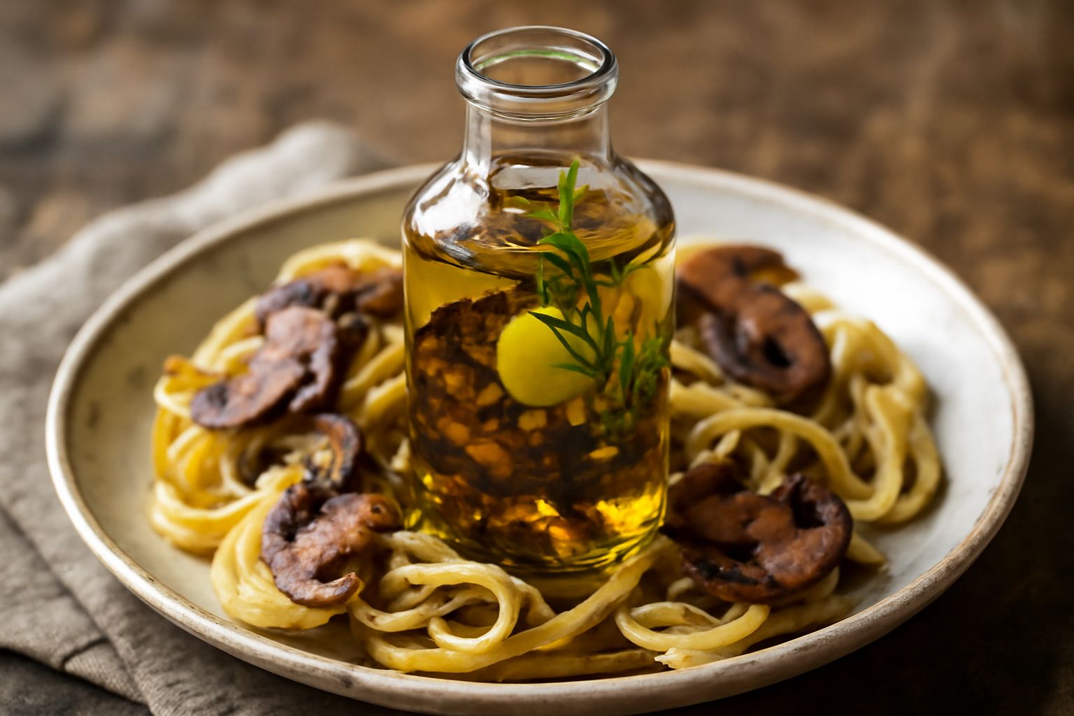 Bottiglia di vetro trasparente piena di olio giallo-dorato con frammenti di funghi secchi marrone scuro, aglio intero, un ramo di rosmarino fresco e chicchi di pepe nero visibili dentro; posata su un 
