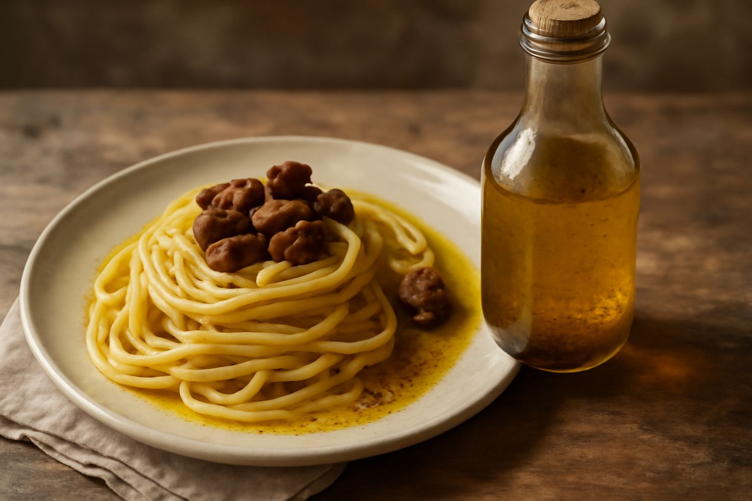 Bottiglia di vetro con olio dorato contenente frammenti di funghi porcini secchi e fettine sottili di aglio, con sfondo bianco e luce naturale