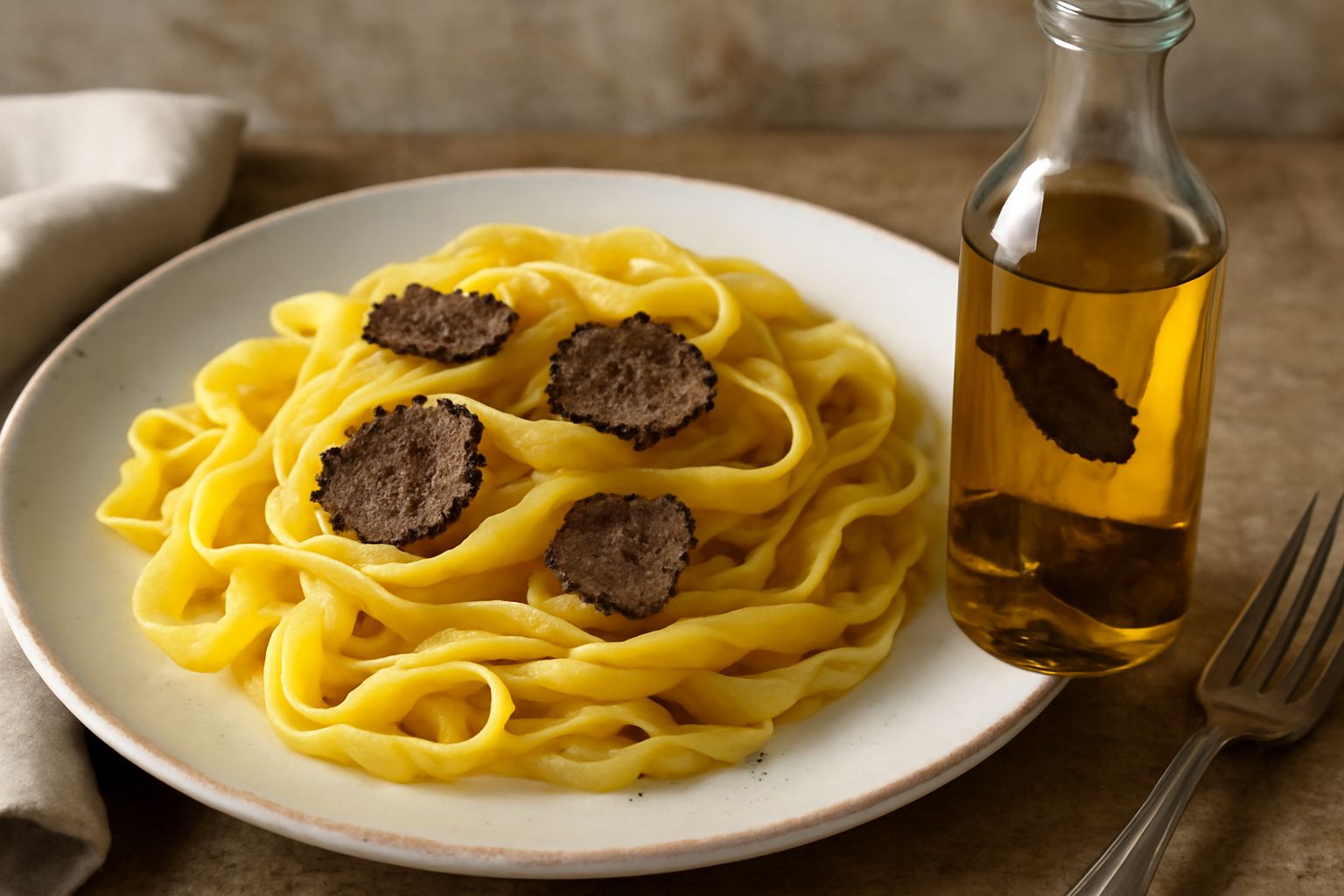 Bottiglia di vetro trasparente con olio dorato e frammenti neri di tartufo secco in sospensione, etichetta bianca, su tavolo di legno chiaro con rametti di timo fresco accanto