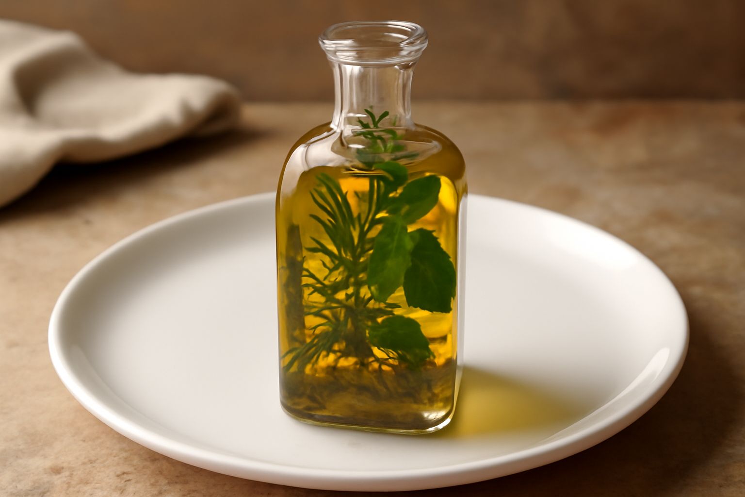 Bottiglia di vetro trasparente riempita di olio d'oliva dorato con rametti di rosmarino, timo e foglie di basilico fresco visibili all'interno, su un piano di marmo bianco con erbe fresche sparse into