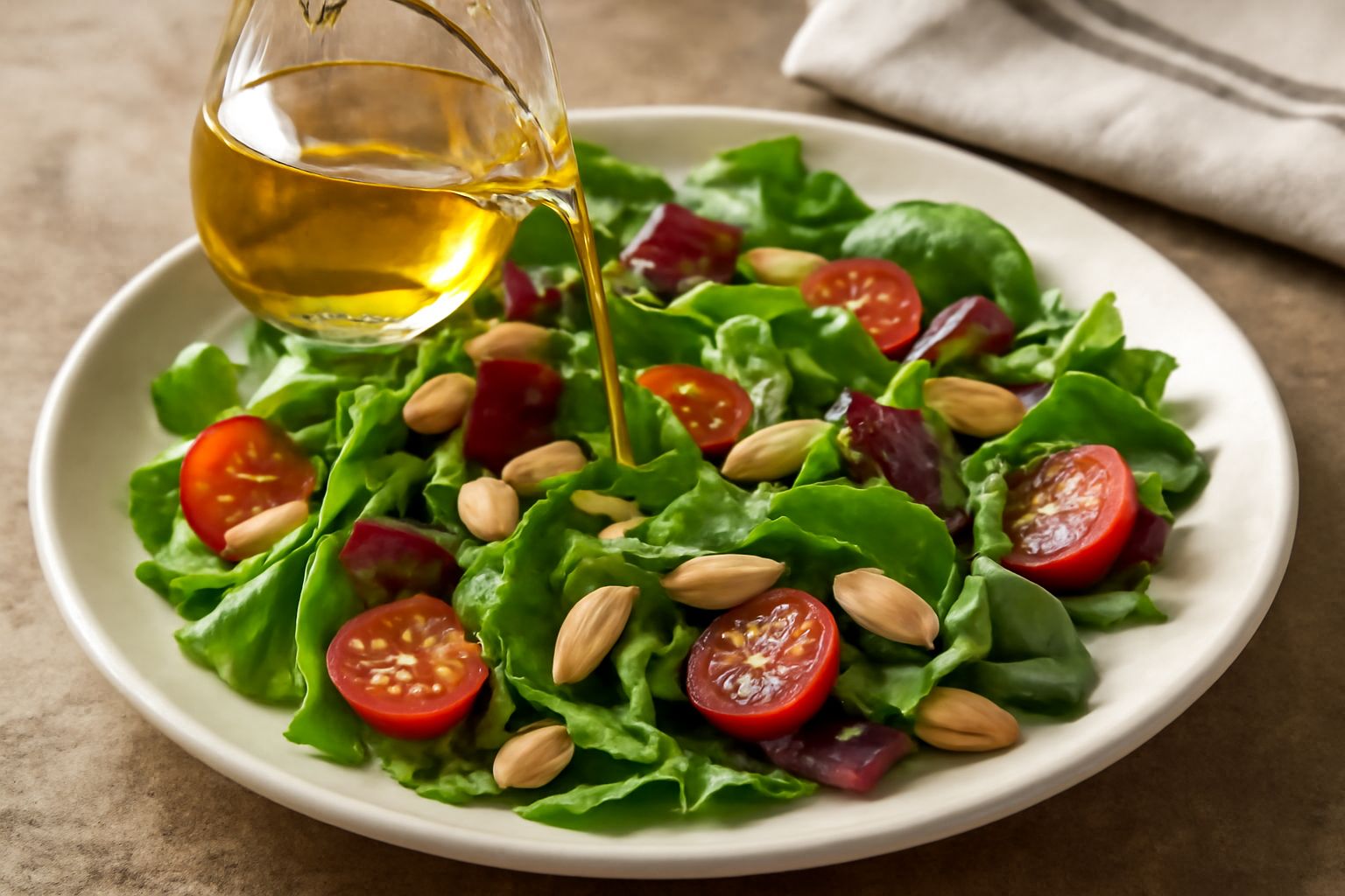 Bottiglia di vetro trasparente con olio di mandorla dorato, circondata da mandorle intere sgusciate e spezzate su sfondo bianco, con gocce di olio lucente visibili