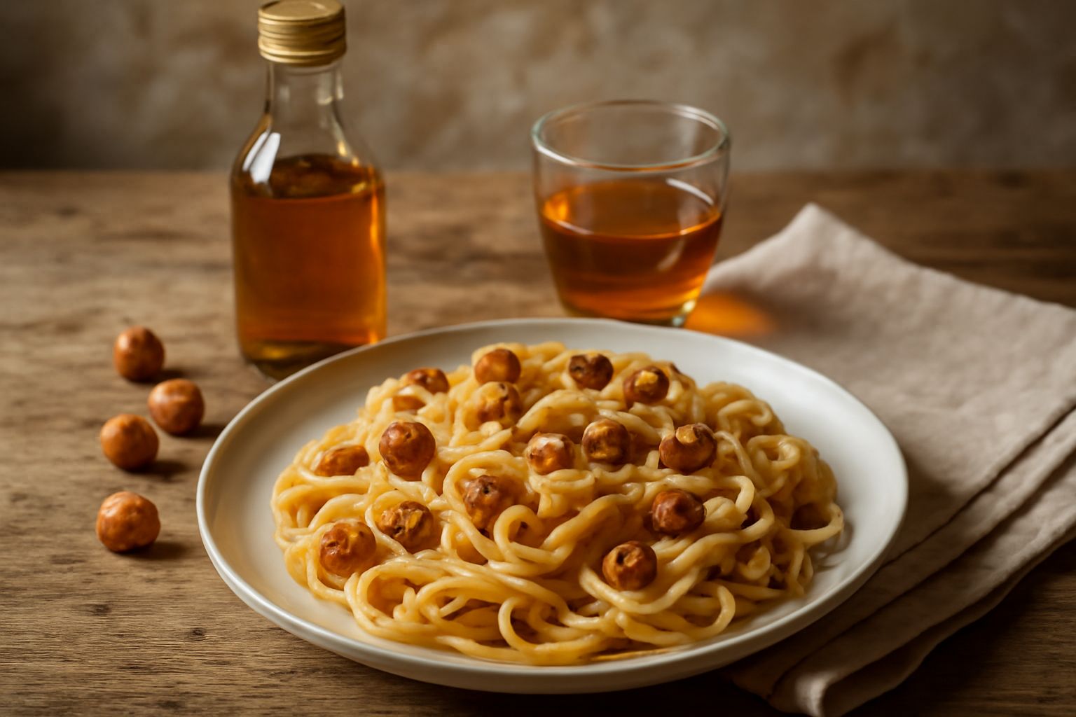 Bottiglia di olio di nocciola trasparente di colore ambrato, circondata da nocciole sgusciate e un piccolo piattino con olio versato, su un tavolo di legno chiaro con foglie verdi di sfondo