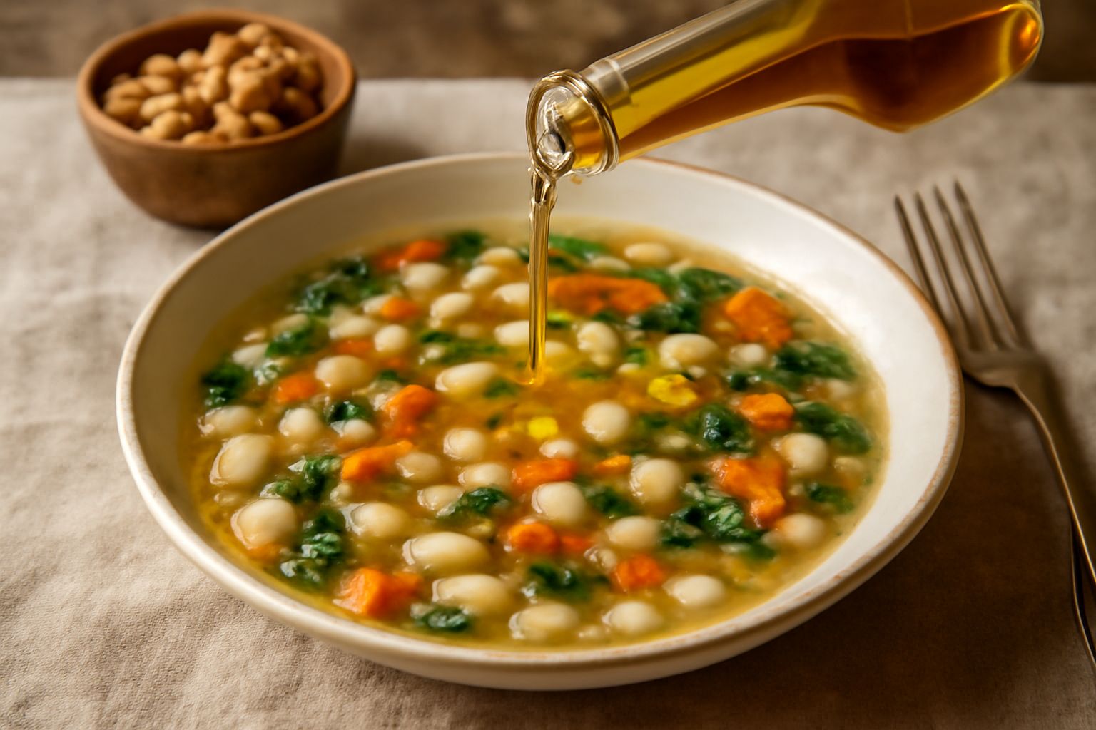 Bottiglia di vetro scuro con olio di noci color ambrato dorato, accanto a un piatto bianco con insalata mista condita e noci intere sgusciate sparse intorno