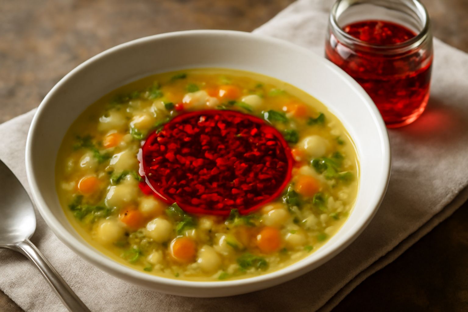 Un bicchiere trasparente con olio color rubino infuso, con scaglie di peperone rosso scuro a vista, accanto tre peperoni rossi interi e uno spicchio d'aglio su tavolo bianco