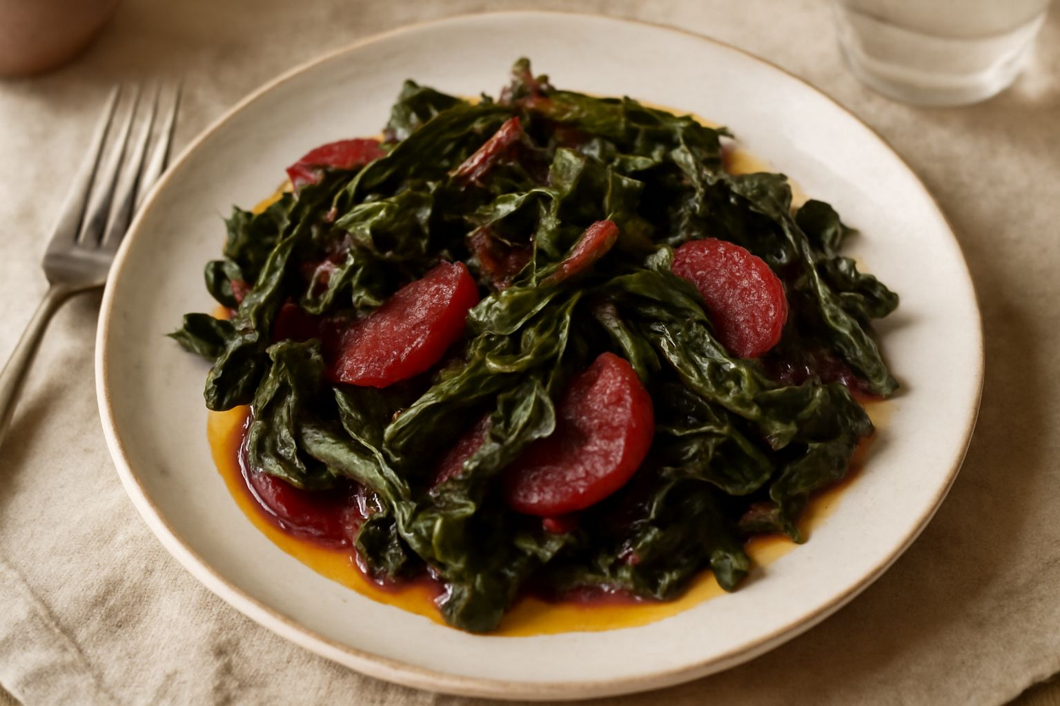 Un piatto di insalata di cicoria e barbabietola rossa, condito con un filo di olio di semi di lino color ambra, semi di girasole tostati, cipolla rossa affettata sottile e una manciata di noci spezzet