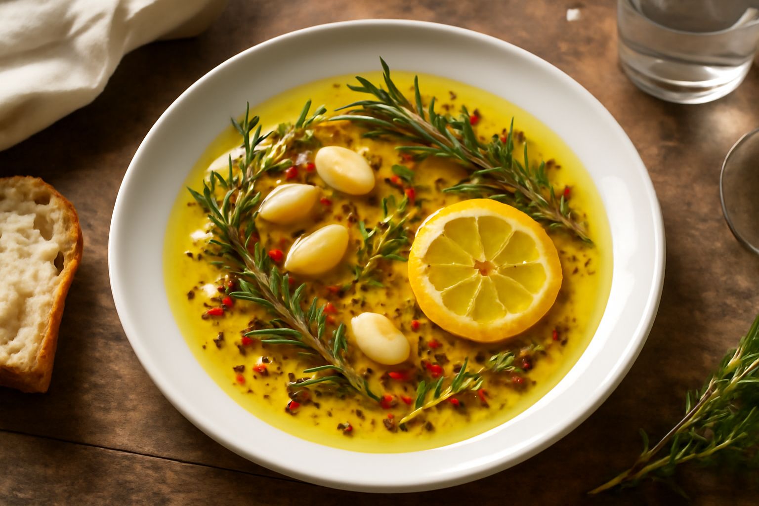 Una bottiglia di vetro scuro contenente olio trasparente color oro con rametti di rosmarino e peperoncino rosso secco ben visibili dentro il liquido, seduti su un tavolo di legno chiaro accanto a un p